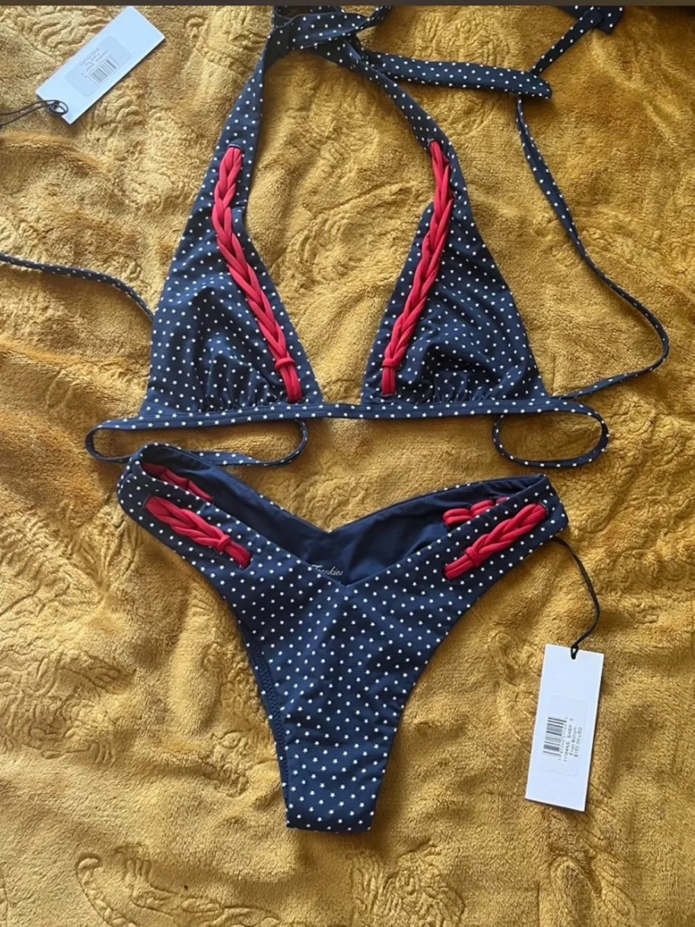 Frankie's Bikinis Navy Polka Dot Triangle Bikini with Red Braided Trim
